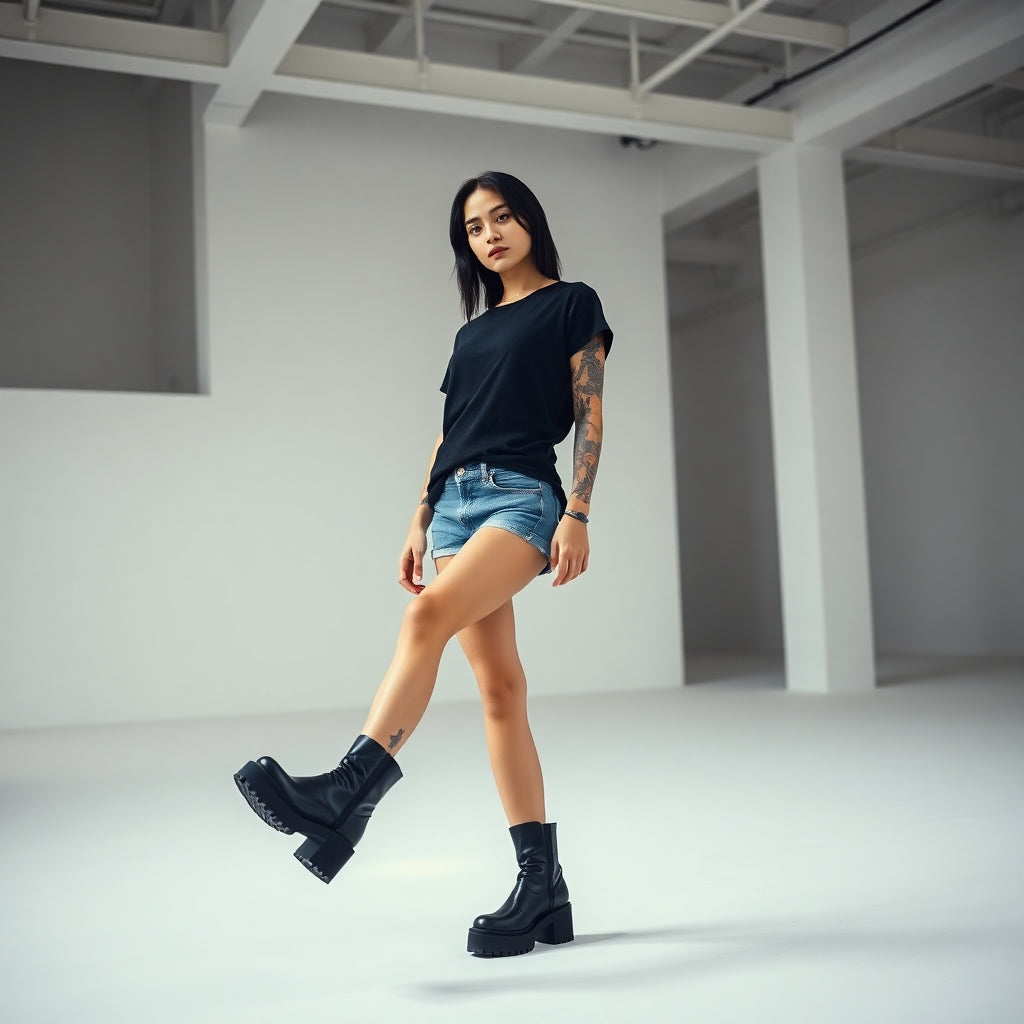 a girl showing how to be a fashionista with platform boots in a white loft room