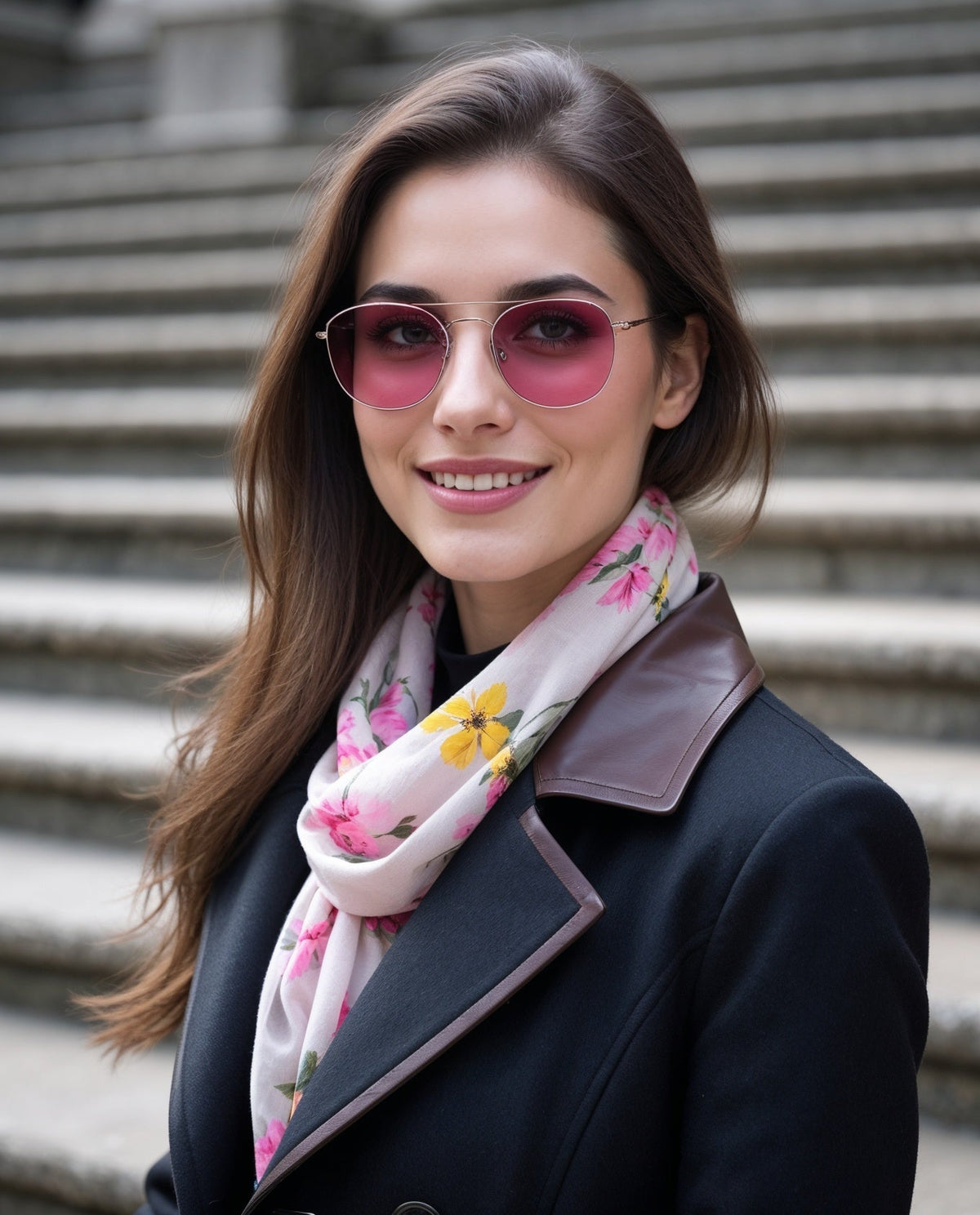 An OnPost model using a pashmina with a fancy coat, sunglasses