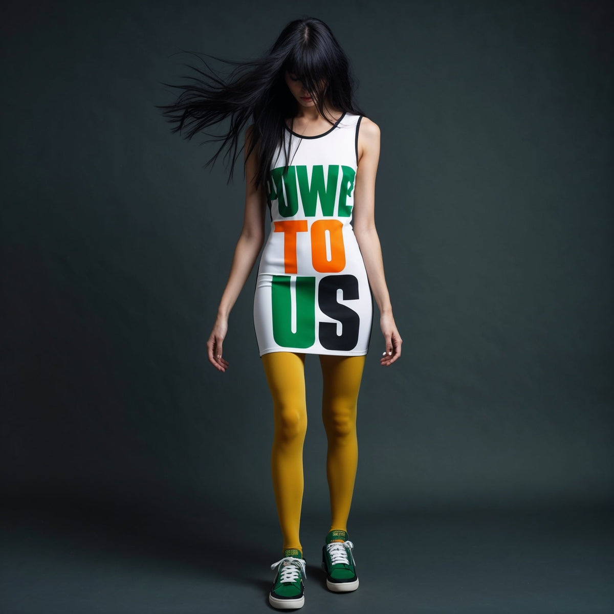 A OP model showing a rebel style wearing a message of empowerment for the woman with the slogan "Power to us"