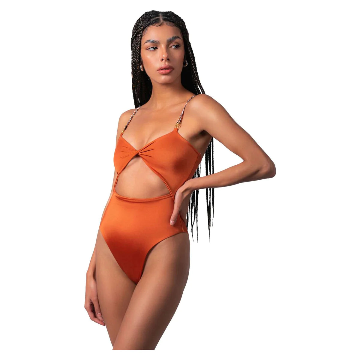 a model showing how to style one-piece swimsuits a metallic orange one with OnPost