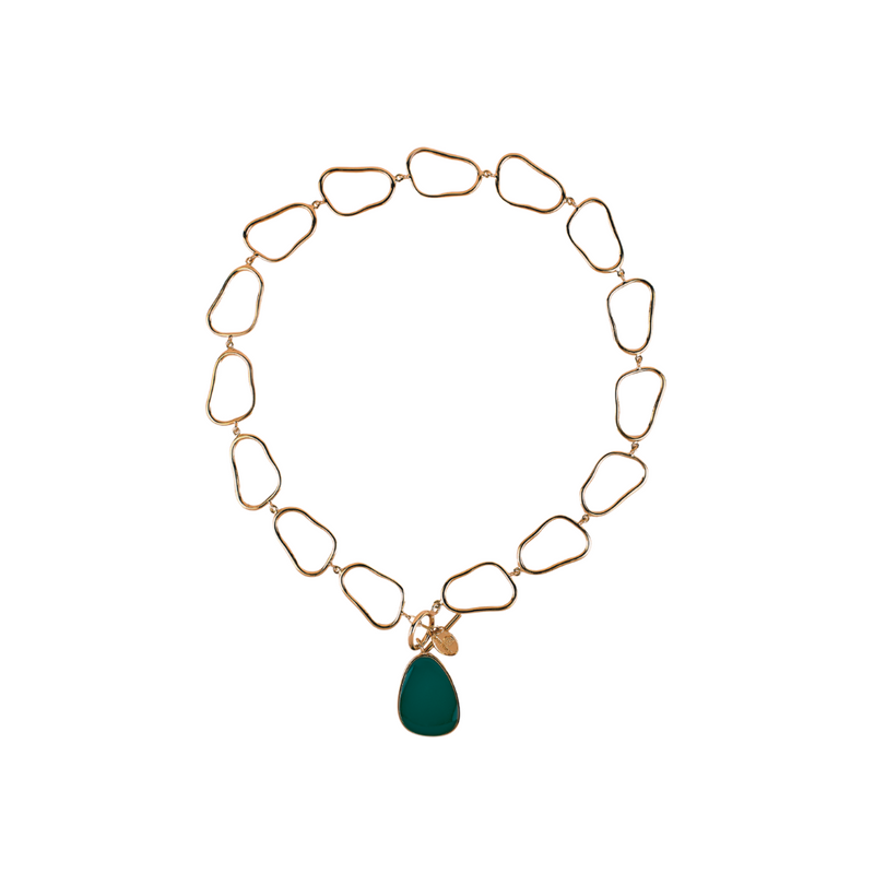 Sleek and contemporary gold/green necklace with a unique pendant, making a statement in modern fashion.