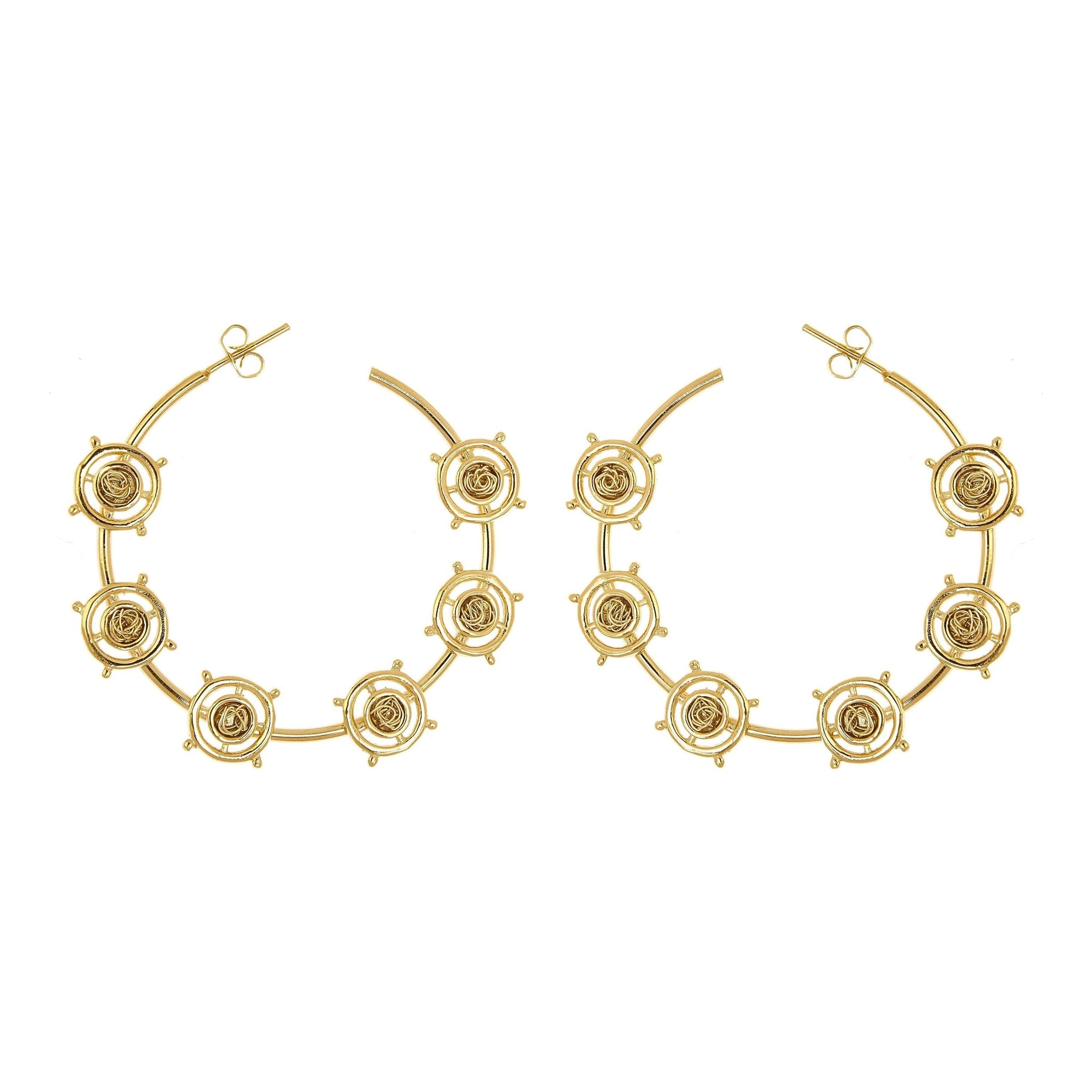 Stylish light gold hoop earrings with a blend of modern design elements and carefully woven crochet patterns.