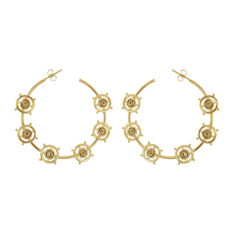 Stylish light gold hoop earrings with a blend of modern design elements and carefully woven crochet patterns.