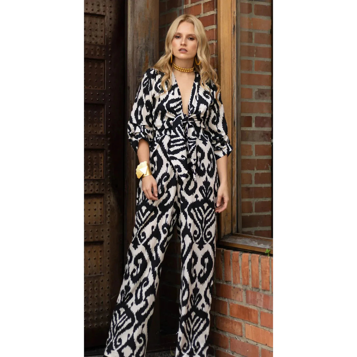 Front Knot Jumpsuit Black and White