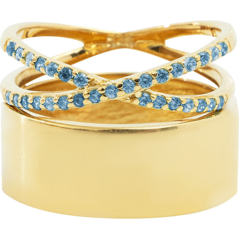 Ring Grueso Cruzado Dorado Zirconia Azul