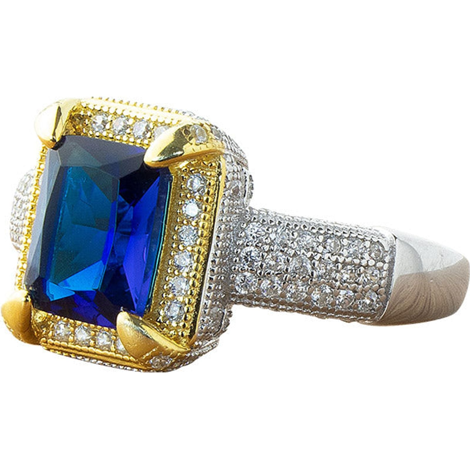 Ring Plata Zirconia Azul Marco Dorado