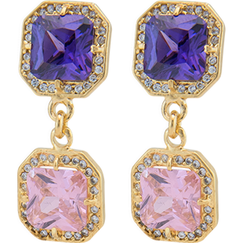 Earrings Dorados Dobles Zirconia Púrpura y Rosa